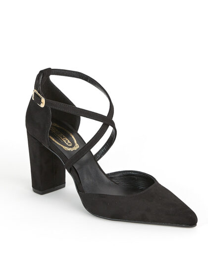 Γόβα μαύρη σουέτ ελληνικής κατασκευής μυτερή με χιαστά λουράκια στο κουτεπιέ